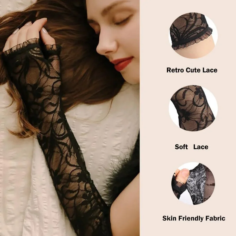 Women's Halloween Black 1 Dress Fingerless Spider Gothic Playing Lace Gloves